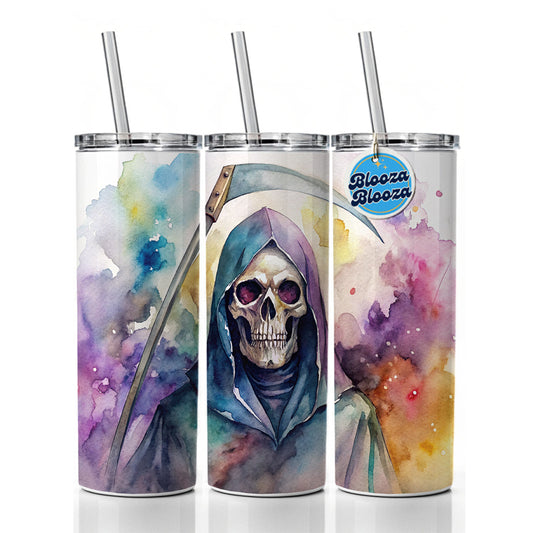 Death Grim Reaper Watercolor Halloween Skinny Tumbler 20oz with Straw Insulated Water Bottle Gift