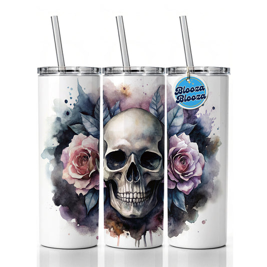 Death Skull Roses Black Watercolor Skinny Tumbler 20oz with Straw Insulated Water Bottle Gift