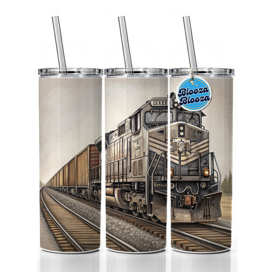 Diesel Locomotive Pulling A Long Line Of Freight Cars Skinny Tumbler 20oz with Straw Insulated Water Bottle Gift