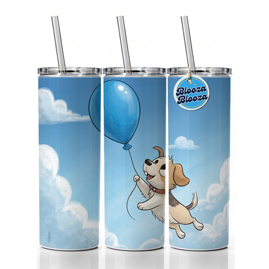 Dog Carried by Blue Balloon into the Sky Skinny Tumbler 20oz with Straw Insulated Water Bottle Gift