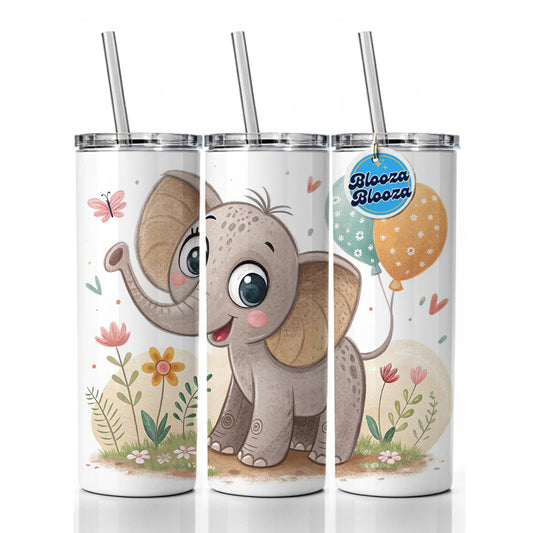 Elephant Children's Illustration Style Skinny Tumbler 20oz with Straw Insulated Water Bottle Gift