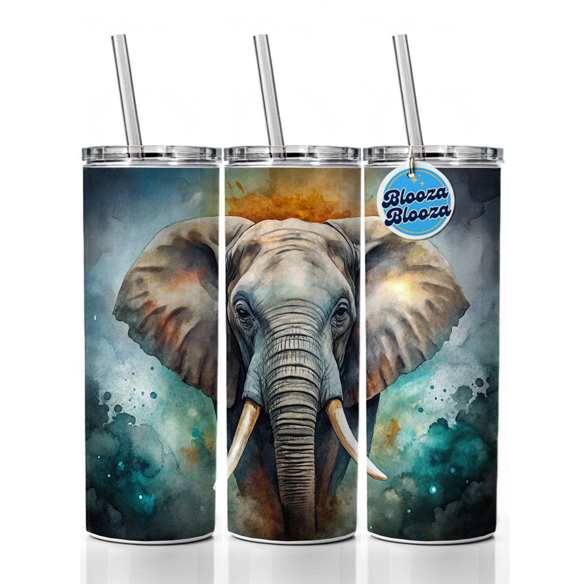 Elephant on Black Watercolor Background Skinny Tumbler 20oz with Straw Insulated Water Bottle Gift