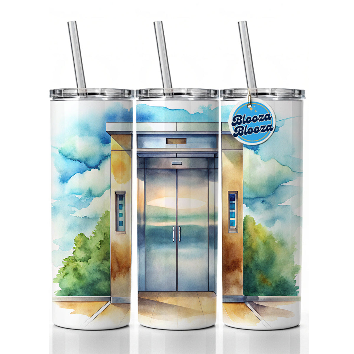 Elevator To Nowhere Watercolor Skinny Tumbler 20oz with Straw Insulated Water Bottle Gift