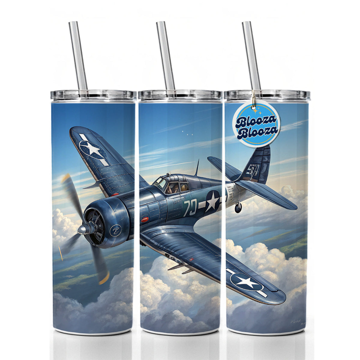 F4U Corsair WWII US Navy Marines Fighter Plane Skinny Tumbler 20oz with Straw Insulated Water Bottle Gift
