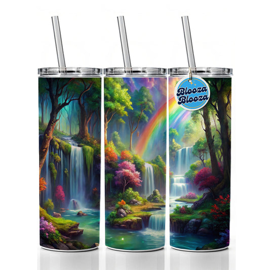 Fantasy Forest Rainbow Waterfalls Watercolor Skinny Tumbler 20oz with Straw Insulated Water Bottle Gift