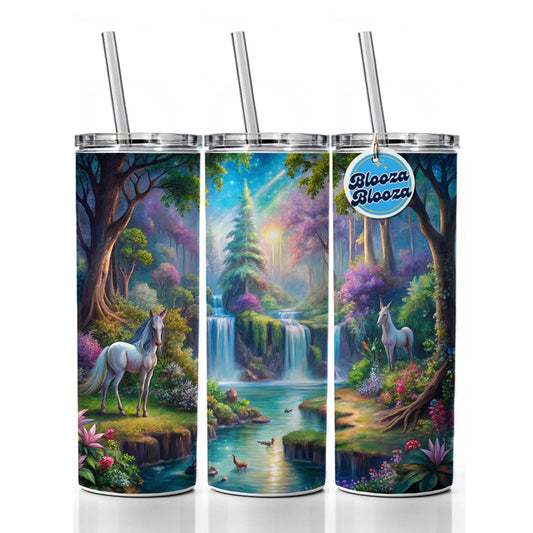 Fantasy Forest Waterfalls and White Horses Watercolor Skinny Tumbler 20oz with Straw Insulated Water Bottle Gift
