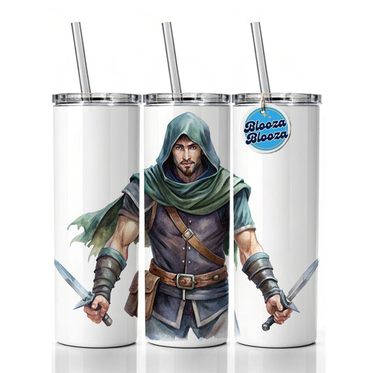 Fantasy Male Thief Rogue with Daggers Watercolor Skinny Tumbler 20oz with Straw Insulated Water Bottle Gift