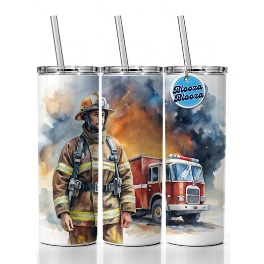 Firefighter and Fire Engine Watercolor Skinny Tumbler 20oz with Straw Insulated Water Bottle Gift