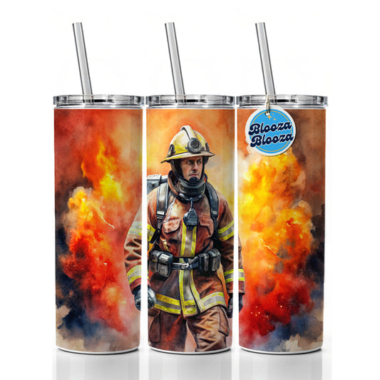 Firefighter Walking Out of Flames Watercolor Skinny Tumbler 20oz with Straw Insulated Water Bottle Gift