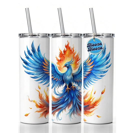 Flaming Blue Phoenix Rising Fantasy Watercolor Skinny Tumbler 20oz with Straw Insulated Water Bottle Gift
