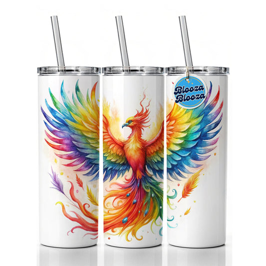 Flaming Rainbow Phoenix Rising Fantasy Watercolor Skinny Tumbler 20oz with Straw Insulated Water Bottle Gift