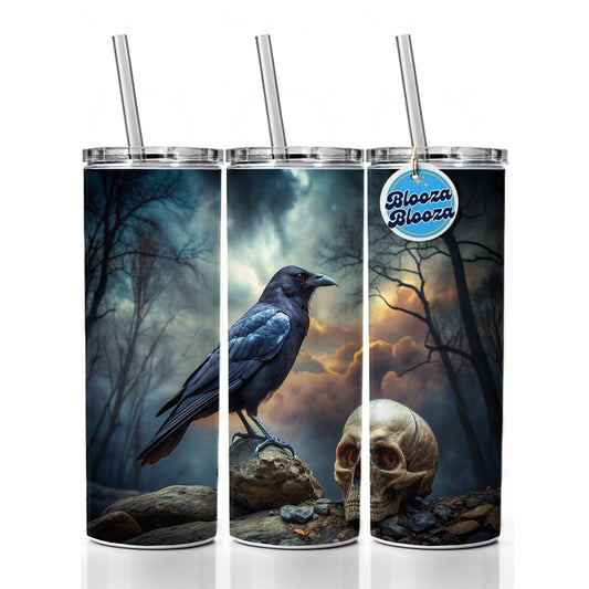 Gothic Raven Death Skull Halloween Skinny Tumbler 20oz with Straw Insulated Water Bottle Gift