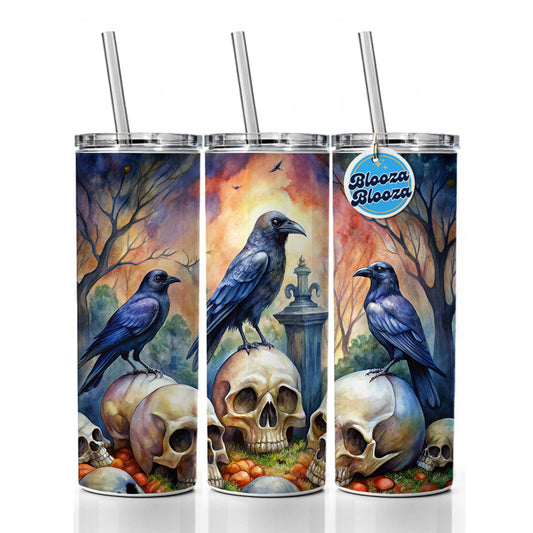 Gothic Raven Death Skulls Watercolor Skinny Tumbler 20oz with Straw Insulated Water Bottle Gift