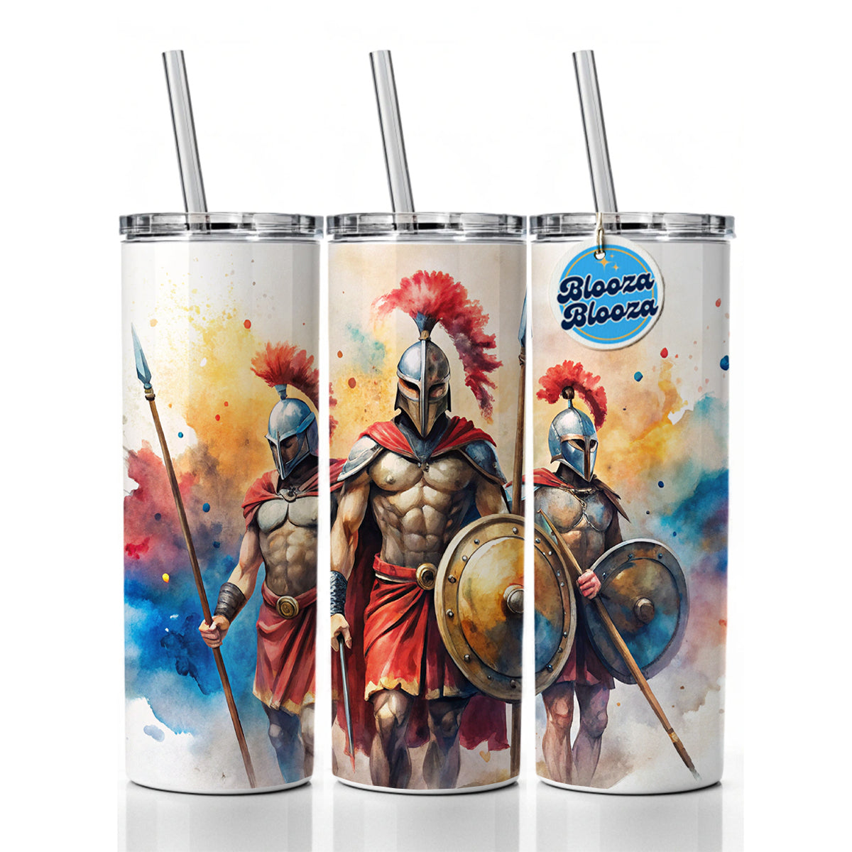 Greek Warriors Spartans Watercolor Skinny Tumbler 20oz with Straw Insulated Water Bottle Gift