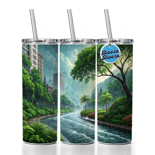 Heavy Monsoon Rain Storm City Landscape Skinny Tumbler 20oz with Straw Insulated Water Bottle Gift