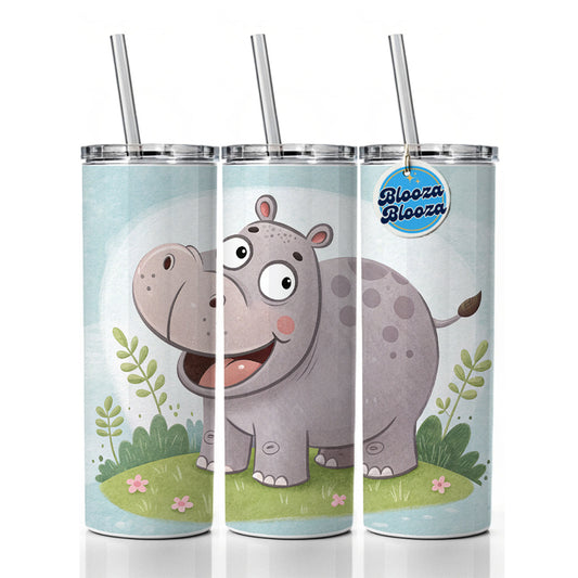 Hippo Children's Illustration Style Skinny Tumbler 20oz with Straw Insulated Water Bottle Gift