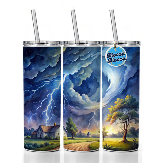 Hurricane and Lightning At Night in the Country Watercolor Skinny Tumbler 20oz with Straw Insulated Water Bottle Gift