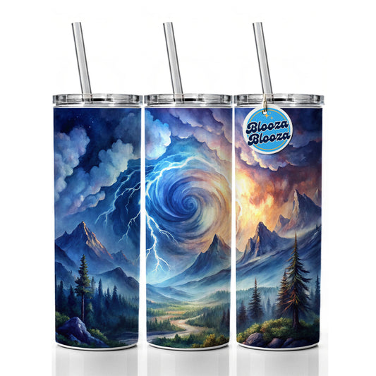 Hurricane and Lightning At Night in the Mountains Watercolor Skinny Tumbler 20oz with Straw Insulated Water Bottle Gift