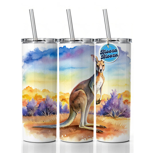 Kangaroo In The Fields Of Australia Watercolor Skinny Tumbler 20oz with Straw Insulated Water Bottle Gift