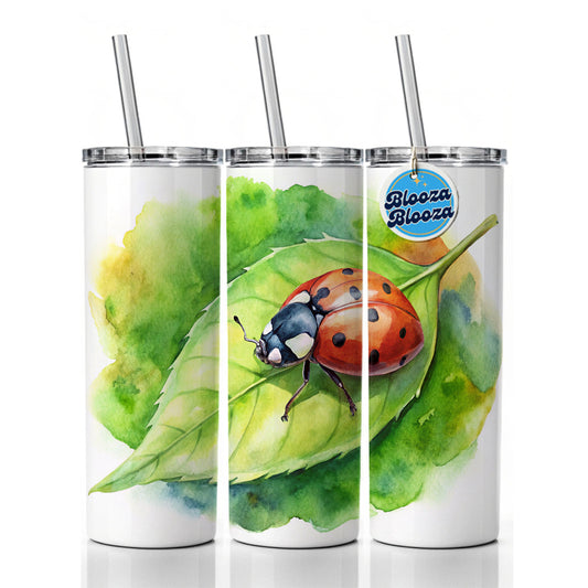 Ladybug On Leaf Watercolor Skinny Tumbler 20oz with Straw Insulated Water Bottle Gift