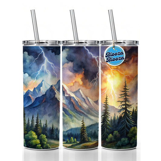 Lighting In The Mountains Watercolor Skinny Tumbler 20oz with Straw Insulated Water Bottle Gift