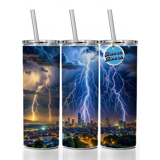 Lighting Strikes Over City At Night Skinny Tumbler 20oz with Straw Insulated Water Bottle Gift