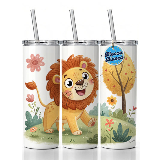 Lion Children's Illustration Style Skinny Tumbler 20oz with Straw Insulated Water Bottle Gift