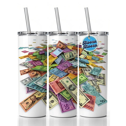 Lots of Colorful Money Monetary Bills Skinny Tumbler 20oz with Straw Insulated Water Bottle Gift