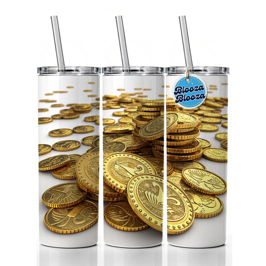 Lots of Gold Coins Skinny Tumbler 20oz with Straw Insulated Water Bottle Gift