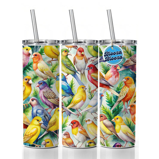 Many Colorful Canary Birds Watercolor Skinny Tumbler 20oz with Straw Insulated Water Bottle Gift
