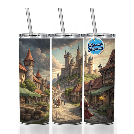 Medieval Kingdom Village with Castle Skinny Tumbler 20oz with Straw Insulated Water Bottle Gift