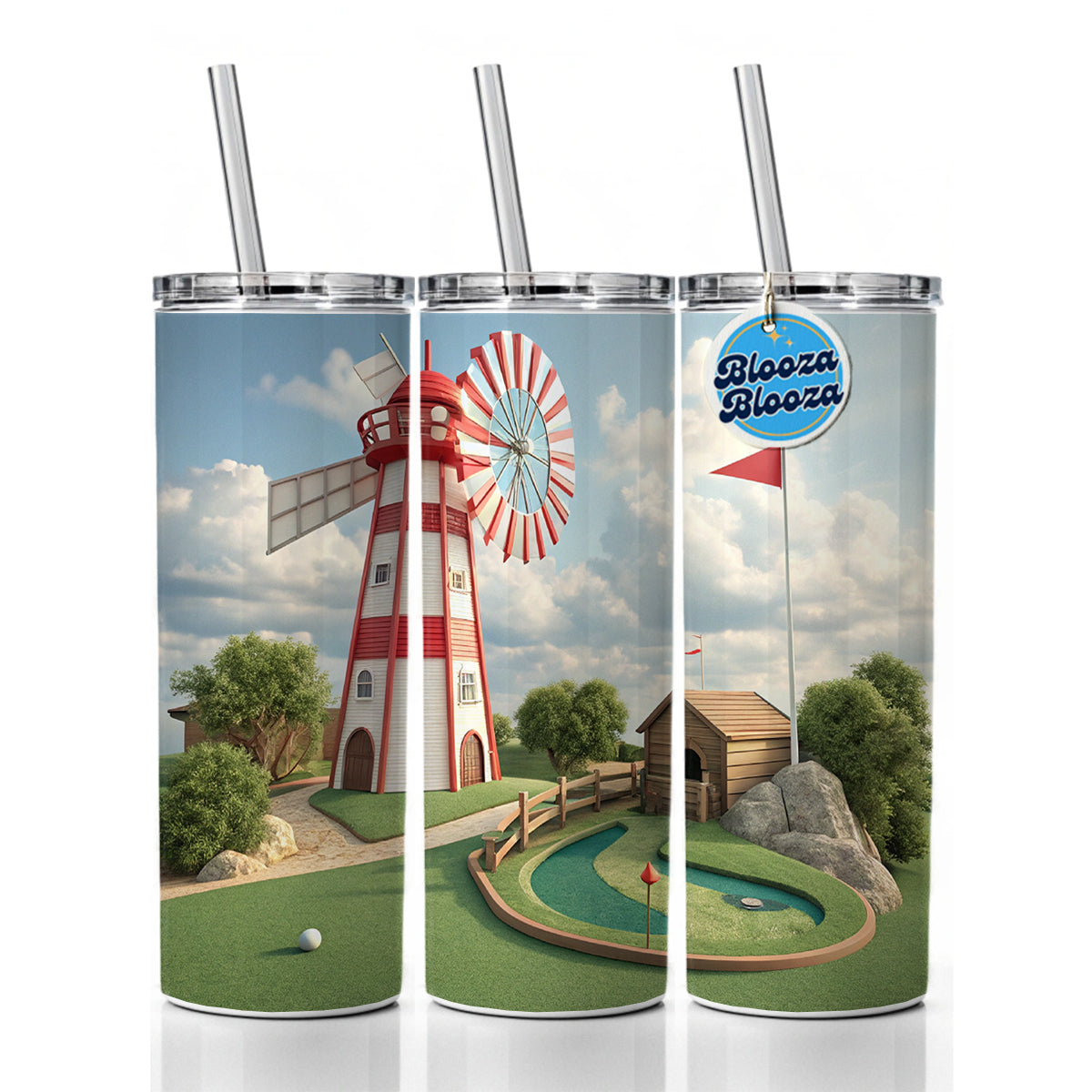 Miniature Golf Course Windmill Skinny Tumbler 20oz with Straw Insulated Water Bottle Gift