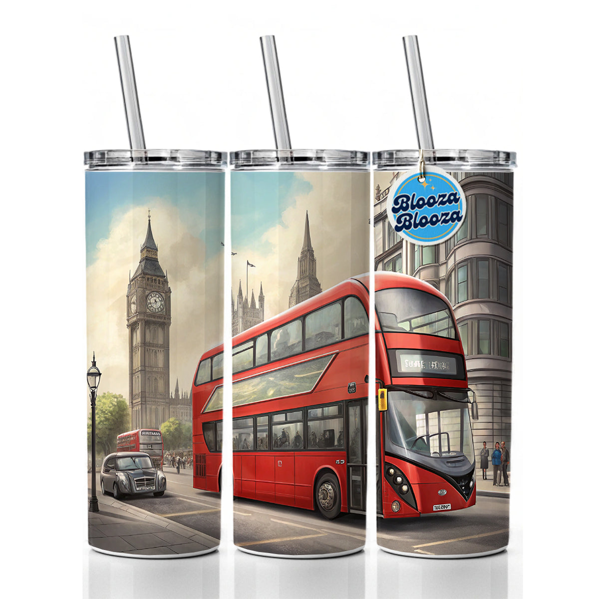 Modern Double Decker Bus In London England Skinny Tumbler 20oz with Straw Insulated Water Bottle Gift