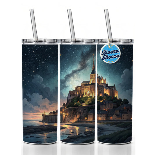 Mont Saint Michel Monastery Lit Up At Night Normandy Skinny Tumbler 20oz with Straw Insulated Water Bottle Gift