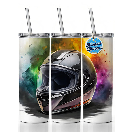 Motorcycle Racing Riding Helmet Watercolor Skinny Tumbler 20oz with Straw Insulated Water Bottle Gift