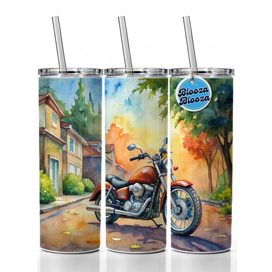 Motorcycle Watercolor Scene Skinny Tumbler 20oz with Straw Insulated Water Bottle Gift