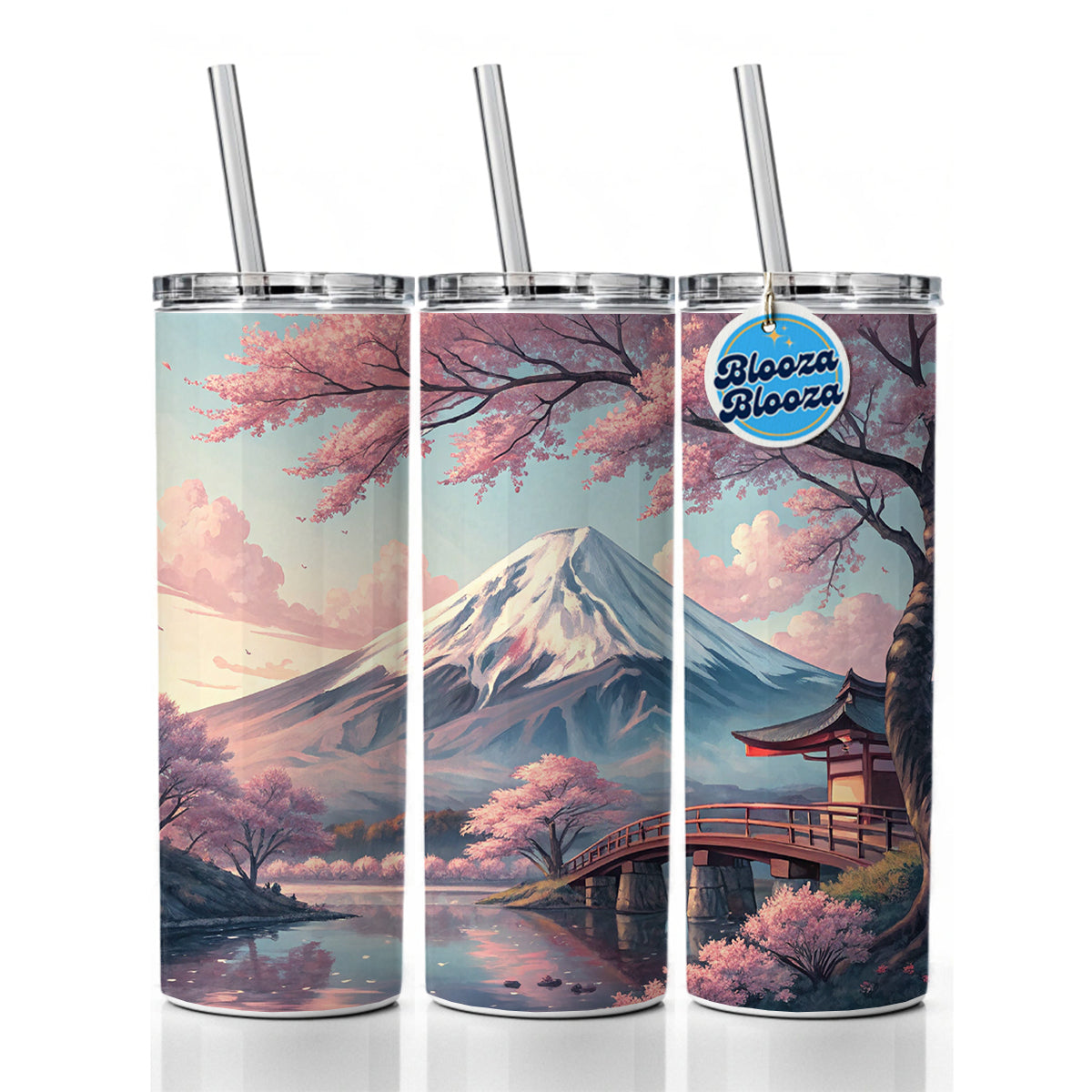 Mount Fuji During Cherry Blossom Season Japan Skinny Tumbler 20oz with Straw Insulated Water Bottle Gift