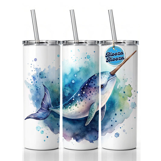Narwhal Swimming Unicorn of the Sea Watercolor Skinny Tumbler 20oz with Straw Insulated Water Bottle Gift