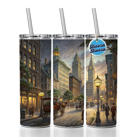 New York City Street in the 1800's Skinny Tumbler 20oz with Straw Insulated Water Bottle Gift
