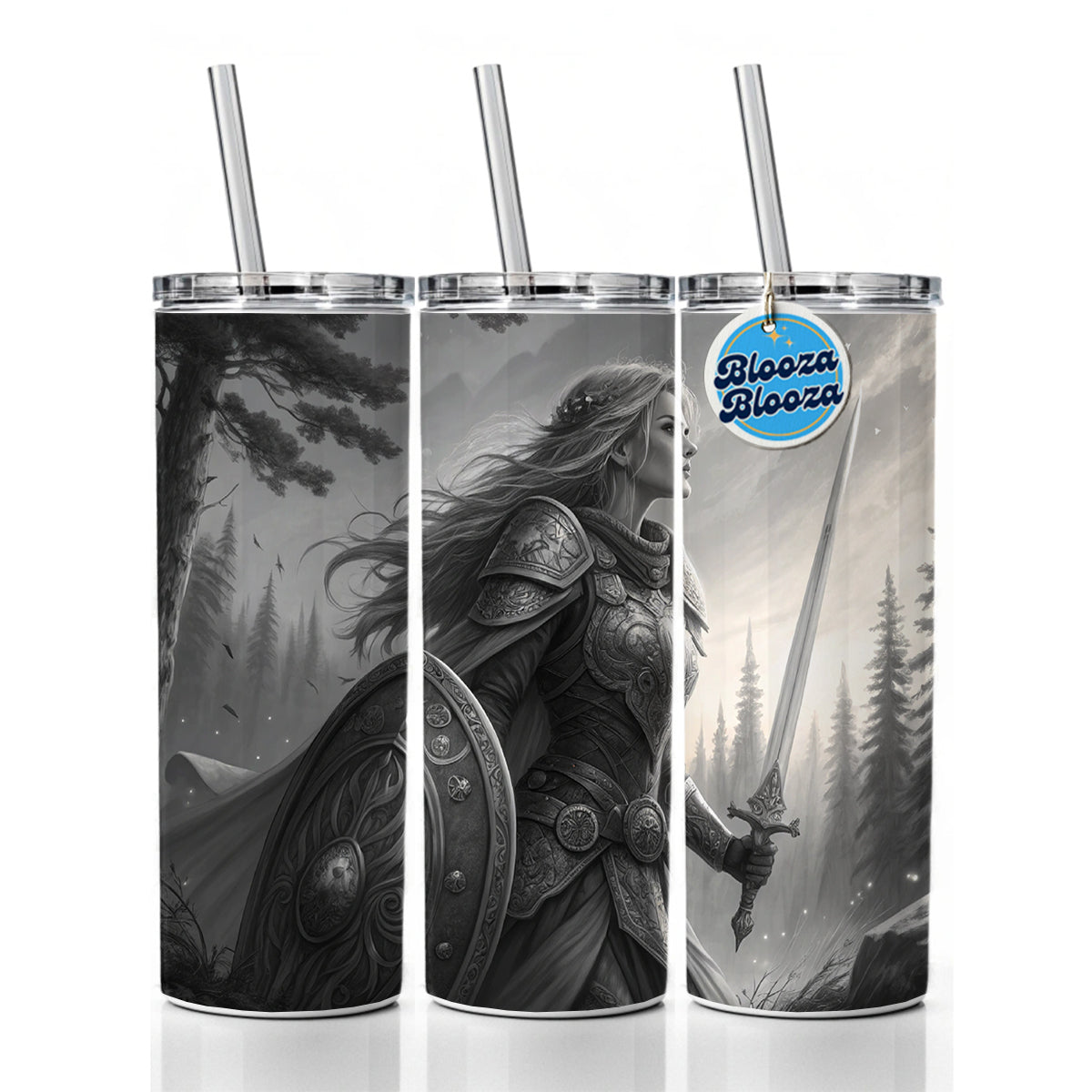 Nordic Viking Fantasy Woman Warrior Black And White Skinny Tumbler 20oz with Straw Insulated Water Bottle Gift