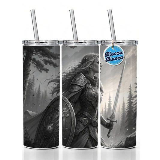 Nordic Viking Fantasy Woman Warrior Black And White Skinny Tumbler 20oz with Straw Insulated Water Bottle Gift