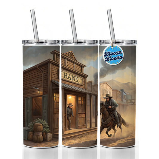 Old West Bank Robbery Western Skinny Tumbler 20oz with Straw Insulated Water Bottle Gift