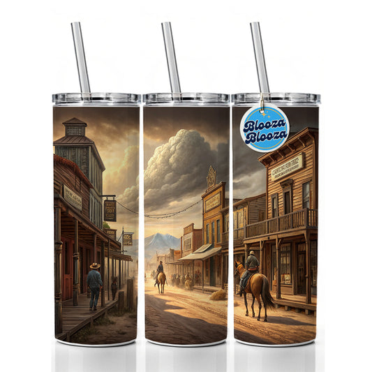 Old West Frontier Town Western Americana Skinny Tumbler 20oz with Straw Insulated Water Bottle Gift