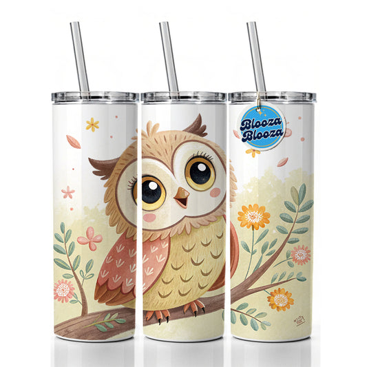 Owl Children's Illustration Style Skinny Tumbler 20oz with Straw Insulated Water Bottle Gift