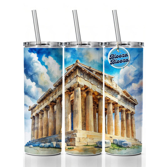 Parthenon Temple Athens Greece Greek Watercolor Skinny Tumbler 20oz with Straw Insulated Water Bottle Gift
