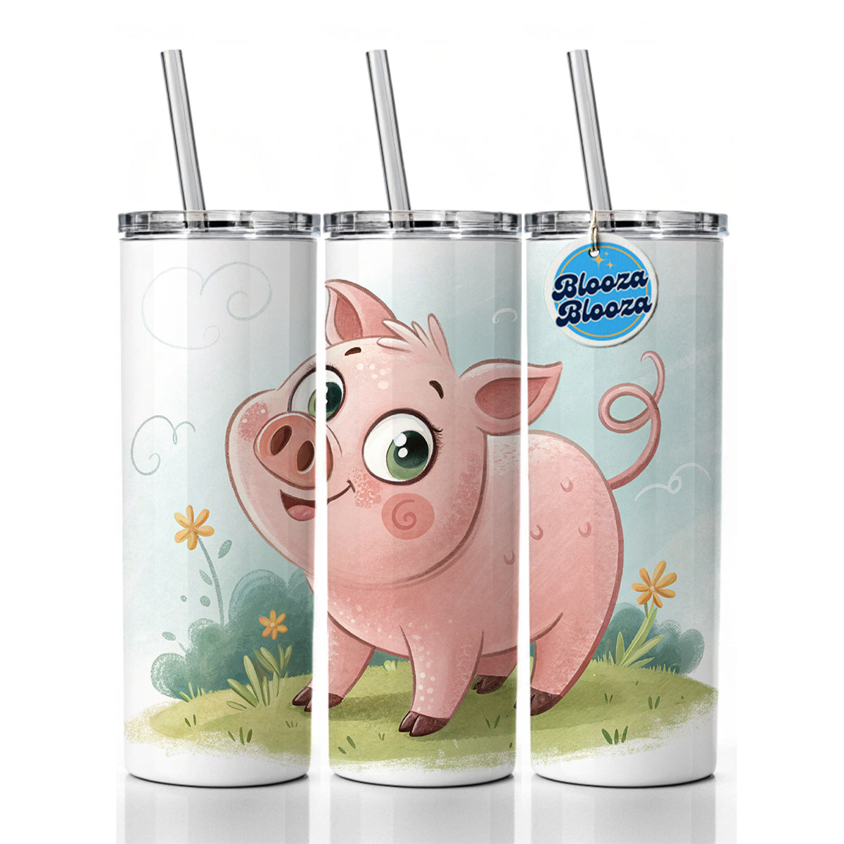 Pig Children's Illustration Style Skinny Tumbler 20oz with Straw Insulated Water Bottle Gift
