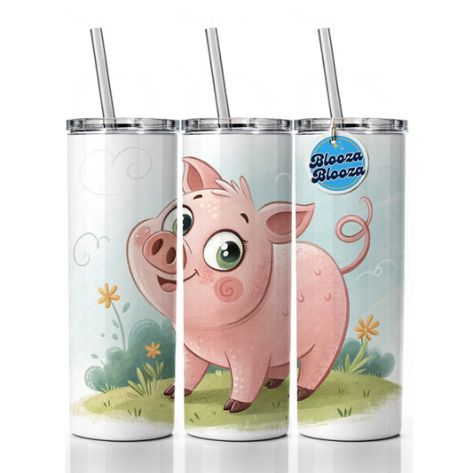Pig Children's Illustration Style Skinny Tumbler 20oz with Straw Insulated Water Bottle Gift