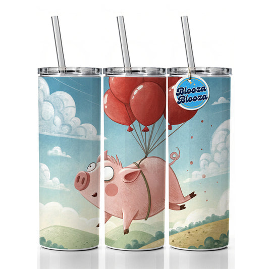 Pig Floating Through Sky Hanging From Red Balloons Skinny Tumbler 20oz with Straw Insulated Water Bottle Gift