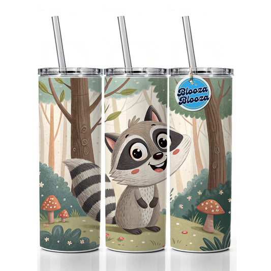 Raccoon Children's Illustration Style Skinny Tumbler 20oz with Straw Insulated Water Bottle Gift
