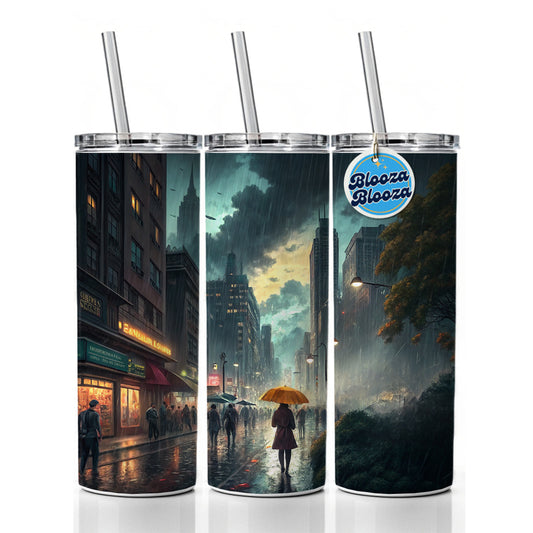 Rain Storm In The City at Night Skinny Tumbler 20oz with Straw Insulated Water Bottle Gift